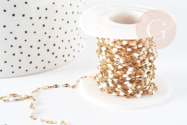 Chaine acier 304 inoxydable doré IP fantaisie résine blanc 2mm, x1 mètre (G0095)