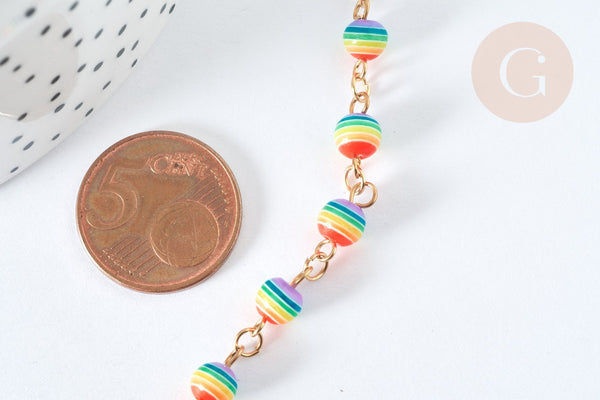 Chaine acier 304 inoxydable doré perles rondes plastique multicolore 6mm, x1 mètre (G7185)