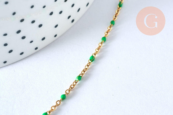 Chaine acier dorée 14k résine colorée vert,chaine collier, fantaisie, chaine complète,2mm, 45cm, x1 G2417