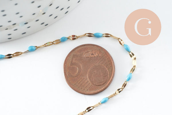 Chaine acier inoxydable 304 doré IP 14k fantaisie résine bleue 2mm, x1 mètre (G0940)