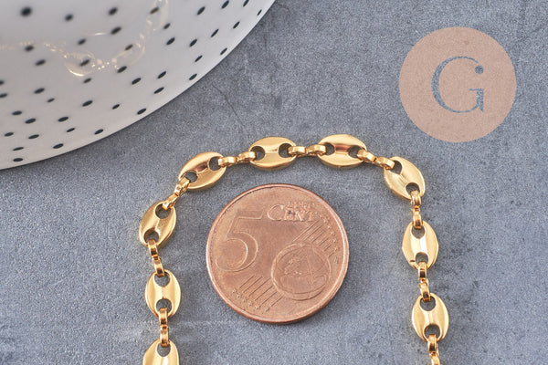 Chaine acier inoxydable doré IP 18k maille grain de café 7x4mm, x1 mètre (G5499)
