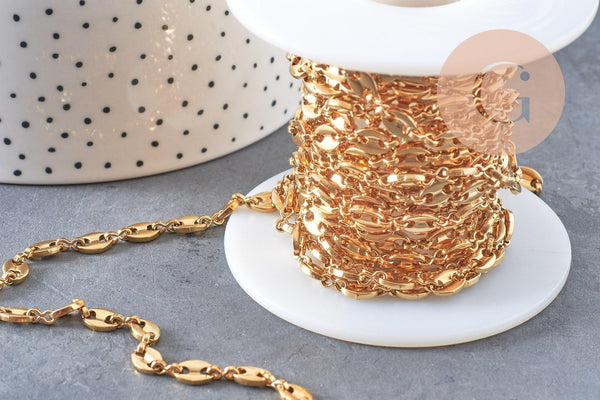 Chaine acier inoxydable doré IP 18k maille grain de café 7x4mm, x1 mètre (G5499)