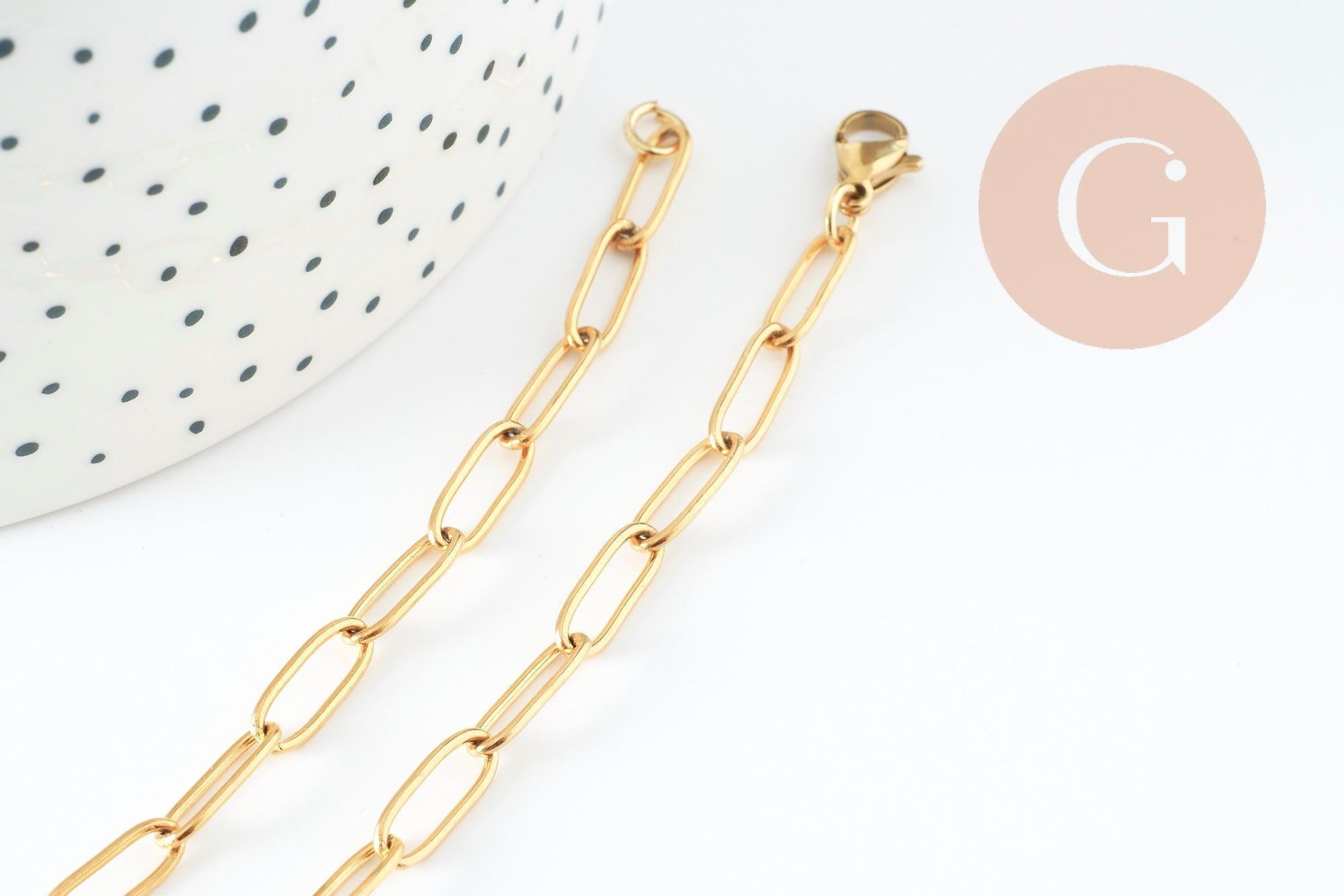 Collier Chaine avec fermoir acier 304 inoxydable doré maille rectangle 55cm,chaine collier inoxydable, chaine large,chaine complète, x1 G9407