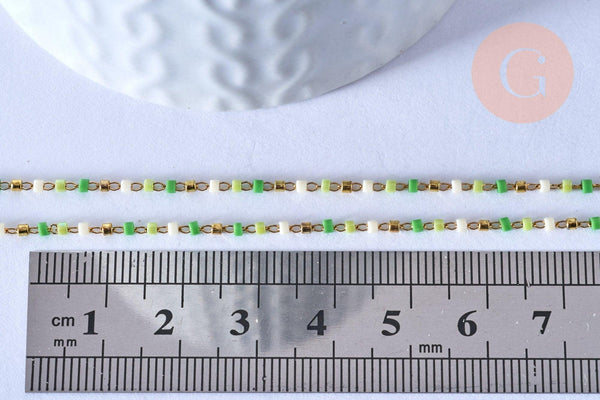 Chaine avec fermoir acier inoxydable doré perle rocaille vert artisanale, 40.7cm, x1 (G4104)