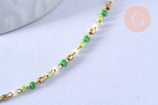 Chaine avec fermoir acier inoxydable doré perle rocaille vert artisanale, 40.7cm, x1 (G4104)