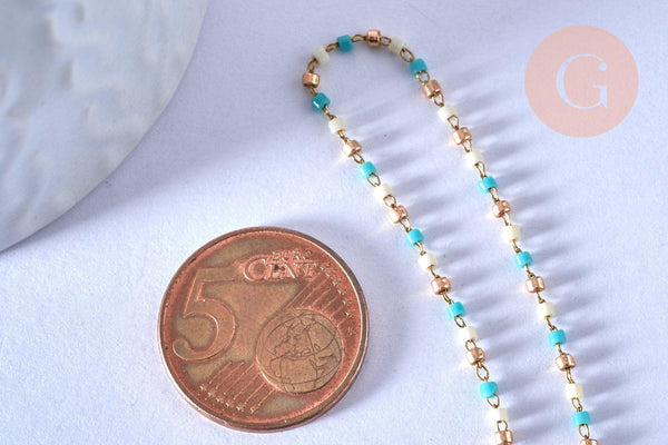 Chaine avec fermoir acier inoxydable doré perles rocaille turquoise artisanale 40.7cm, x1 (G4010)