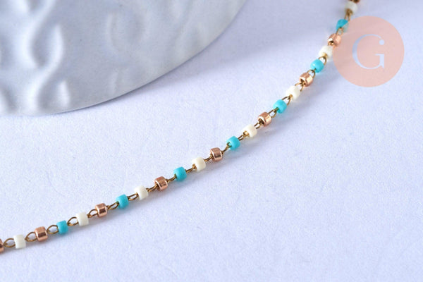 Chaine avec fermoir acier inoxydable doré perles rocaille turquoise artisanale 40.7cm, x1 (G4010)
