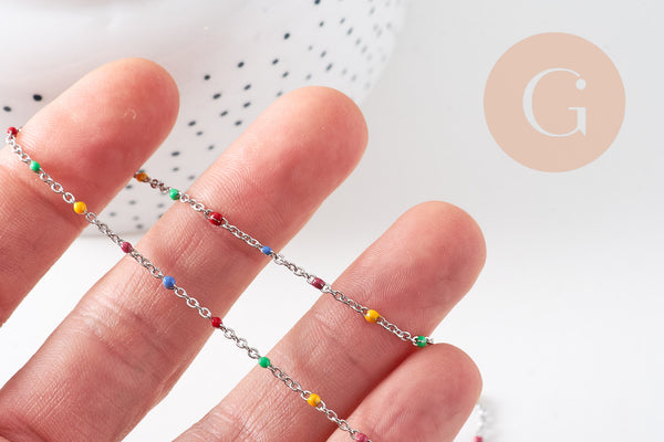 Chaine avec fermoir acier inoxydable platine résine multicolore 2mm-45cm,chaine collier, x1 (G1412)