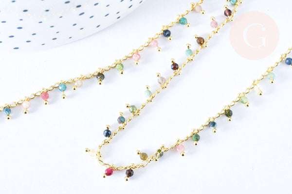 Chaine collier laiton doré fantaisie tourmaline naturelle 45cm, x1 (G7251)