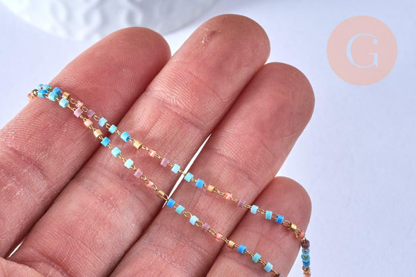 Chaine complète acier doré perles rocaille multicolores artisanales, création collier acier inoxydable doré,40.7cm, x1 G5407