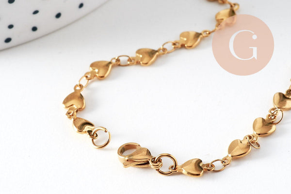 Chaine complète coeurs acier 304 inoxydable dorée 14k 2mm/45.5cm, x1 (G6775)