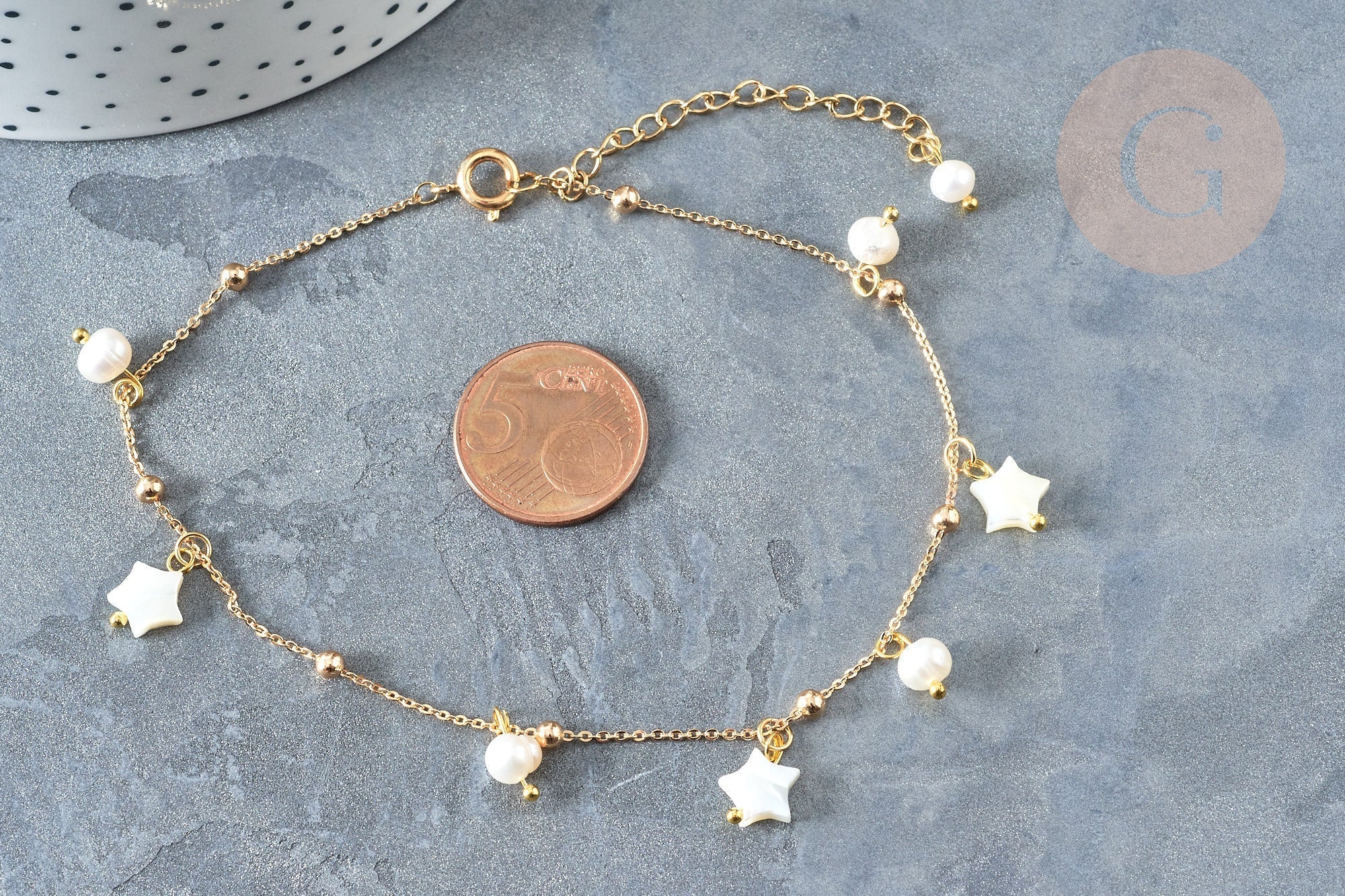 Collier Chaine de cheville laiton doré étoile nacre perle eau douce 24.8cm, x1 (G7880)