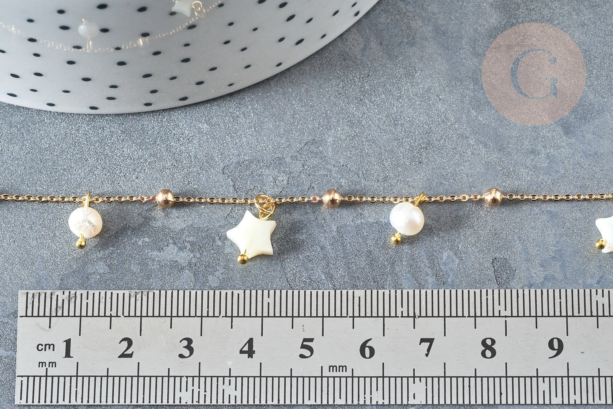 Collier Chaine de cheville laiton doré étoile nacre perle eau douce 24.8cm, x1 (G7880)