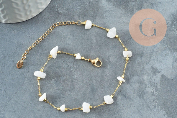Chaine de cheville perles chips pierre naturelle laiton doré 22cm, x1 (G6979)