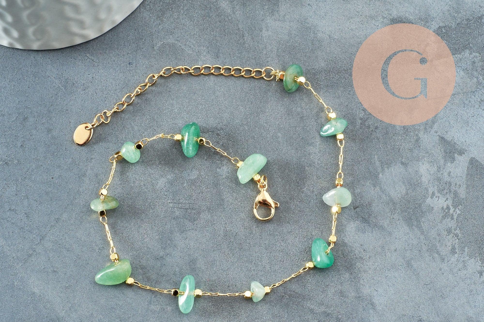 Chaine de cheville perles chips pierre naturelle laiton doré 22cm, x1 (G6979)