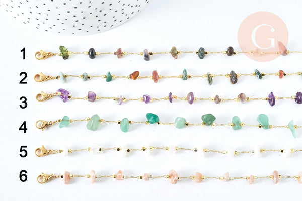 Chaine de cheville perles chips pierre naturelle laiton doré 22cm, x1 (G6979)