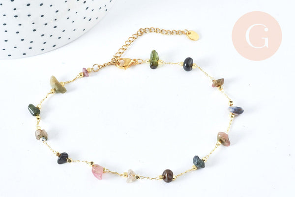 Chaine de cheville perles chips pierre naturelle laiton doré 22cm, x1 (G6979)
