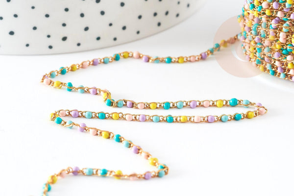 Chaine dorée 14K fantaisie résine multicolore pastel 1.5mm, x1 mètre (G2846)