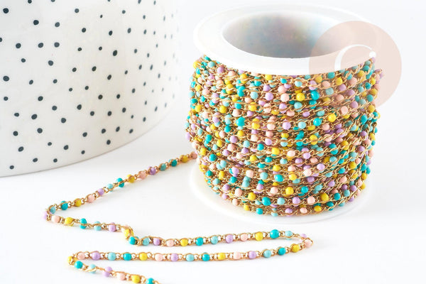 Chaine dorée 14K fantaisie résine multicolore pastel 1.5mm, x1 mètre (G2846)