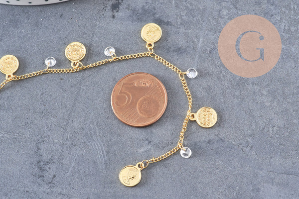 Chaine dorée 18 carats pièces de monnaie zircon, chaine doree fantaisie 1.5mm, x 1 metre, (G3176)