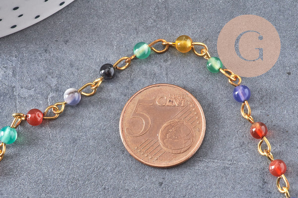Chaine dorée perle agate naturelle colorée, chaine collier, chaine lunettes,chaine fantaisie 4.5mm, x1 mètre (G3393)