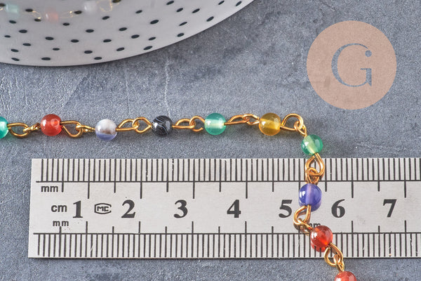 Chaine dorée perle agate naturelle colorée, chaine collier, chaine lunettes,chaine fantaisie 4.5mm, x1 mètre (G3393)