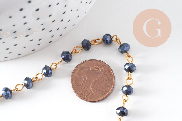 Chaine dorée perle cristal noir, chaine collier ,chaine lunettes, chaine fantaisie, 6x4mm,1 metre, x1 (G3460)