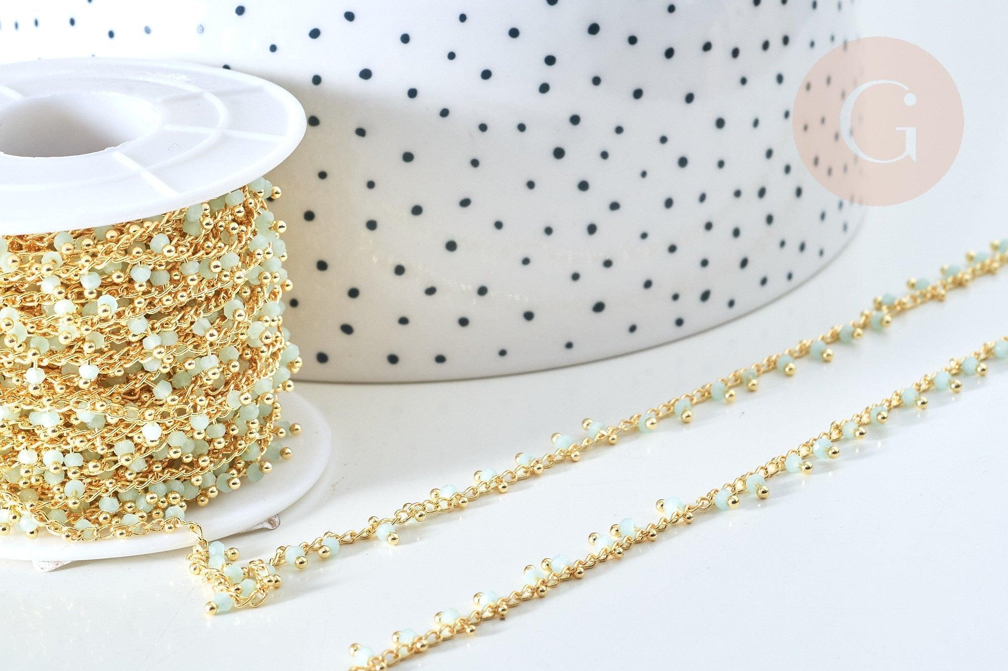 Chaine dorée perle cristal vert clair 2.5x2mm, chaine collier,création bijoux ,chaine lunettes,chaine fantaisie, x1 mètre G5841