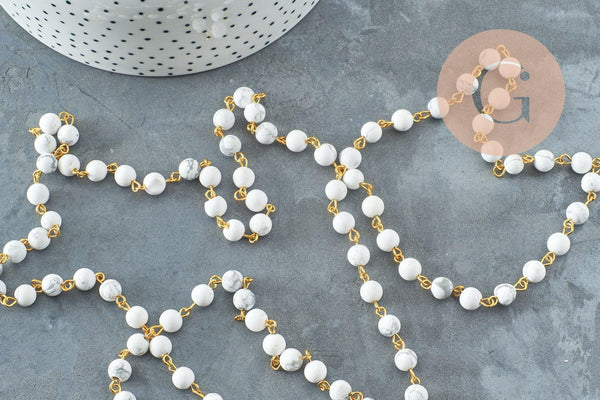 Chaine dorée perle howlite naturelle 6.5mm, chaine pierre, pierre naturelle chaine lunettes, x 1Mètre G4141
