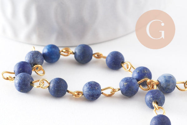 Chaine dorée perle lapis lazulis naturelle 6.5mm, x 1 mètre (G4216)