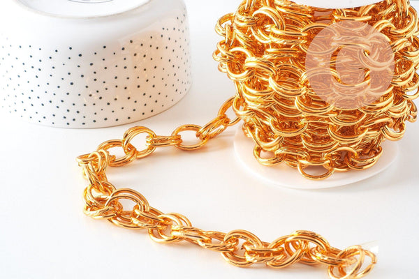 Chaine double maille rollo aluminium doré texturé 22mm, x1 mètre (G10591)