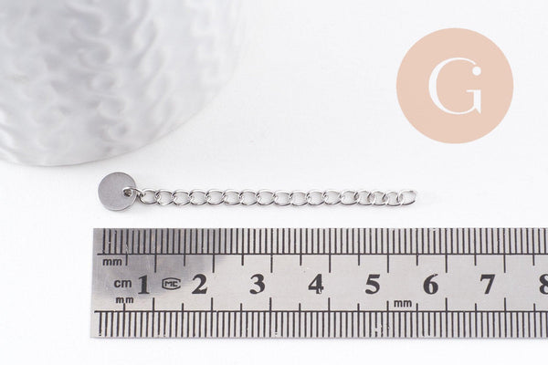 Chaine extension acier inoxydable platine avec breloque ronde de finition 57-60mm, x5 (G10055)