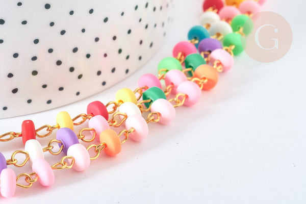 Chaine fer doré perles disques polymère multicolore heishi 6~7x3mm, bijoux heishi coloré, x1m (G7306)