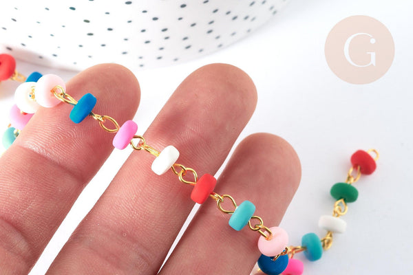 Chaine fer doré perles disques polymère multicolore heishi 6~7x3mm, bijoux heishi coloré, x1m (G7306)