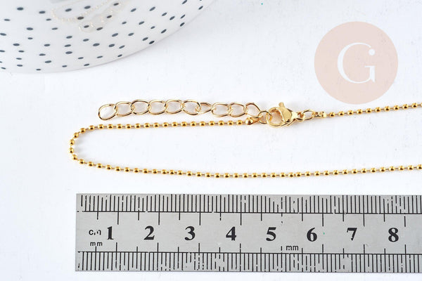 Chaine fine boule laiton doré facettes 45.5cm-1.5mm avec extension,chaine collier en laiton, chaine avec fermoir, x1 (G8586)