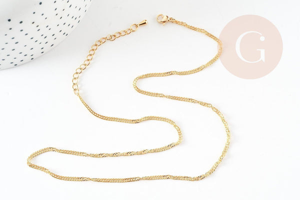 Chaine fine dorée maille singapour 16K 2.5 microns avec extension 1.5 mm- 45/50cm, collier complète dorée avec fermoir, x1 G9240