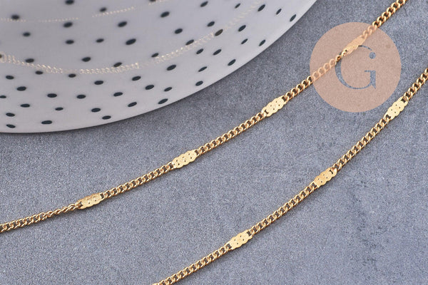 Chaine fine plate dorée acier 304 inoxydable fantaisie 14K 2mm, x1 mètre (G3458)