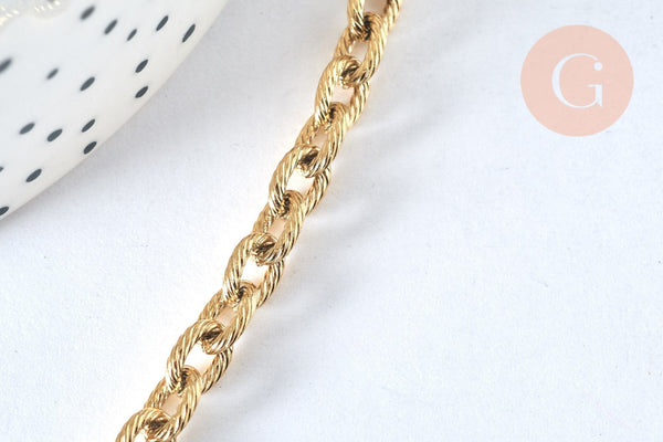 Chaine forçat texturée acier inoxydable doré IP 14k 7x5.5mm, x1 mètre (G6781)