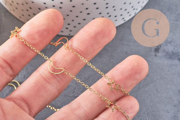 Chaine laiton doré 18 carats lune et étoile, chaine dorée fantaisie x2x1.9mm, x1 mètre (G5445)