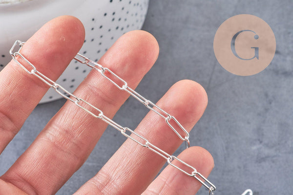 Chaine maille rectangle laiton argentée complète avec fermoir 12x3.5mm, x1 (G3171)