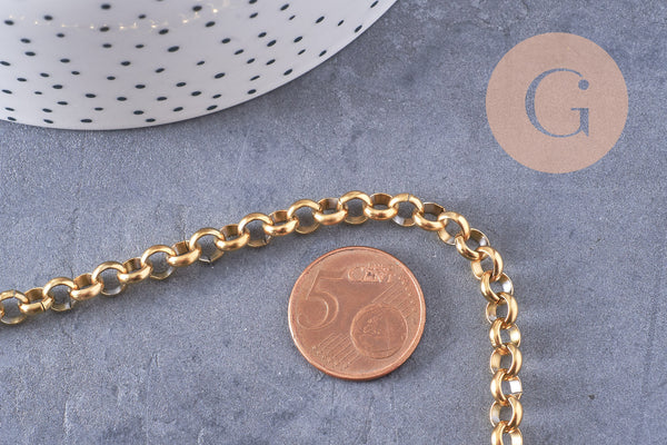 Chaine maille rollo acier 304 inoxydable doré IP 18k 6mm, x1 mètre (G2840)