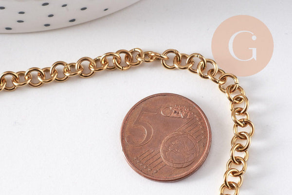 Chaine maille rollo acier inoxydable 304 doré IP 18K 5mm, x1 mètre (G10518)