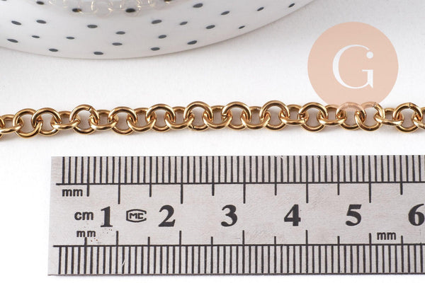 Chaine maille rollo acier inoxydable 304 doré IP 18K 5mm, x1 mètre (G10518)