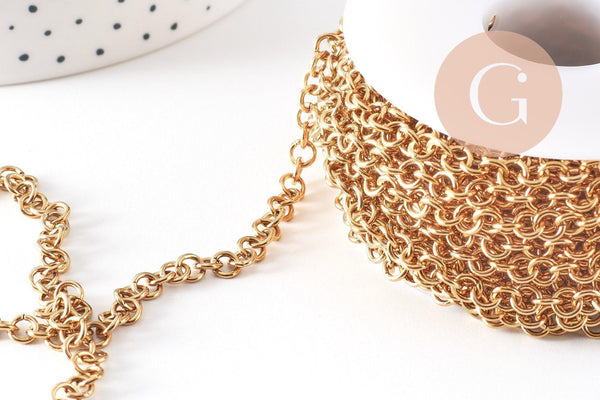 Chaine maille rollo acier inoxydable 304 doré IP 18K 5mm, x1 mètre (G10518)