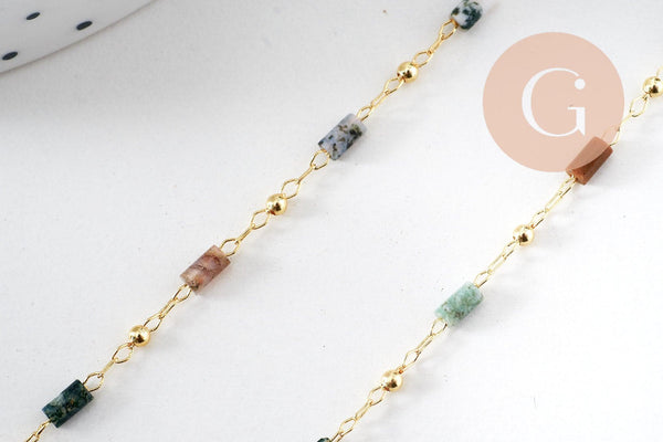 Chaine perle agate mousse naturelle laiton doré 18K 7x2mm, x1 mètre (G5444)