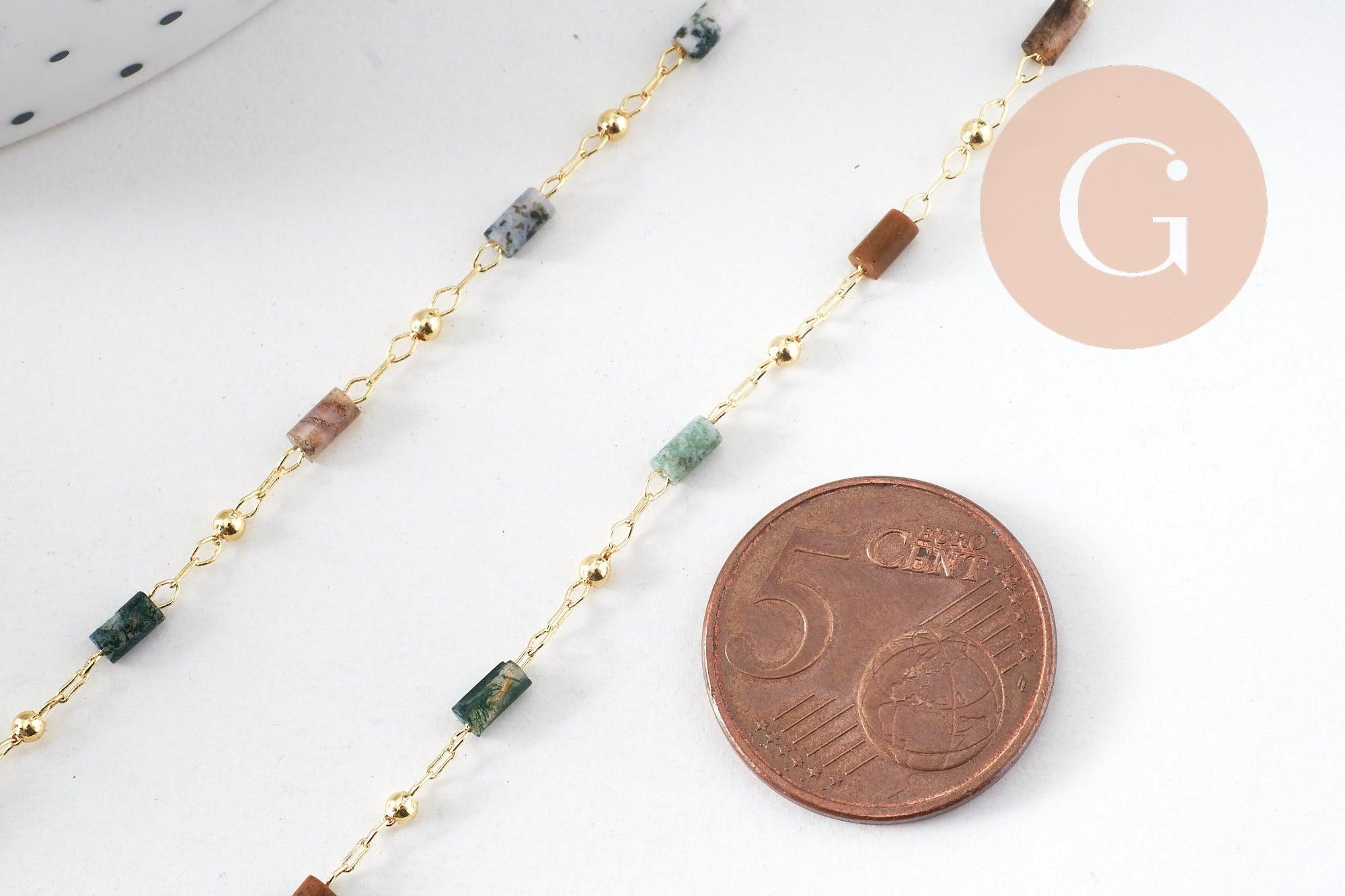 Chaine perle agate mousse naturelle laiton doré 18K 7x2mm, x1 mètre (G5444)