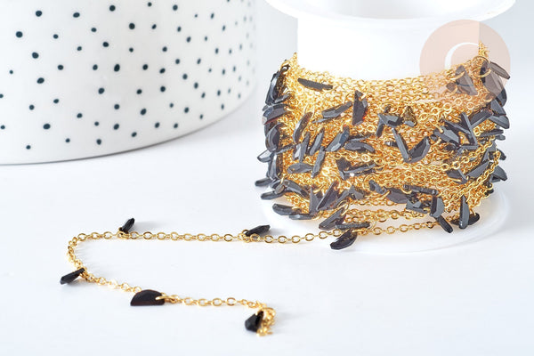 Chaine perle plexiglas facettée noire laiton doré 7x3mm, création de bijoux coloré DIY, x1 mètre G7824