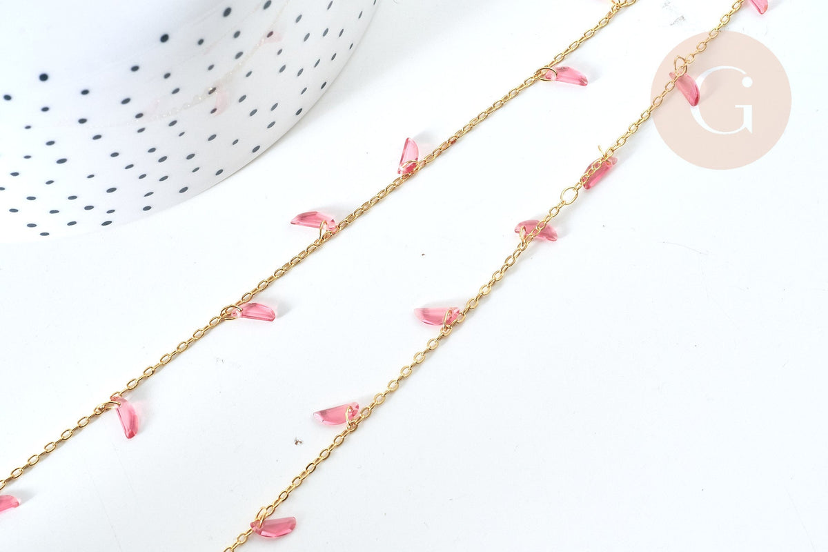 Chaine perle plexiglas facettée rose clair laiton doré 7x3mm, création de bijoux coloré DIY, x1 mètre G7819