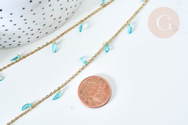 Chaine perle plexiglas facettée turquoise laiton doré 7x3mm, création de bijoux coloré DIY, x1 mètre (G7820)