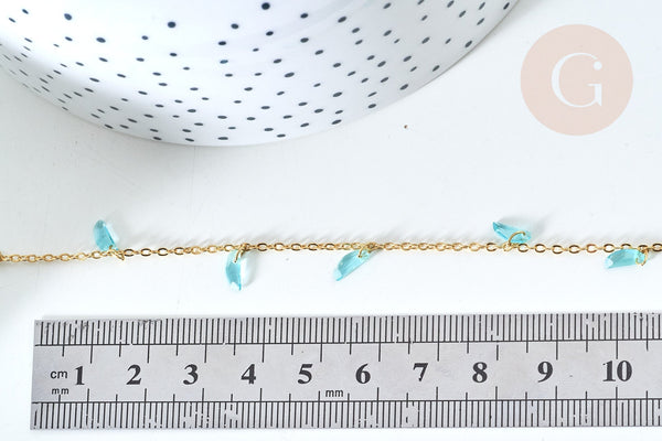 Chaine perle plexiglas facettée turquoise laiton doré 7x3mm, création de bijoux coloré DIY, x1 mètre (G7820)